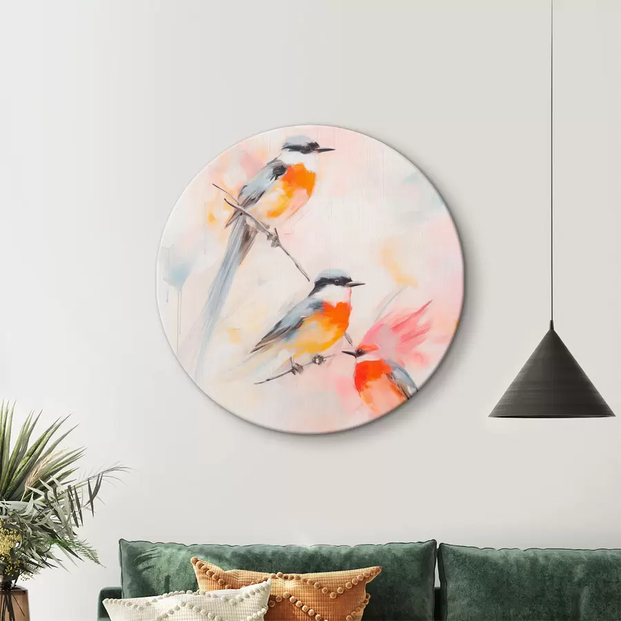 murales de pared Pájaros posados en ramas , suaves colores pastel, fondo claro con tonos rosas y blancos r45577