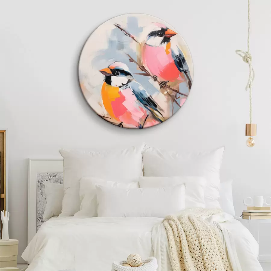 murales de pared Pájaros de colores posados en una rama sobre un fondo de suaves colores pastel r45578