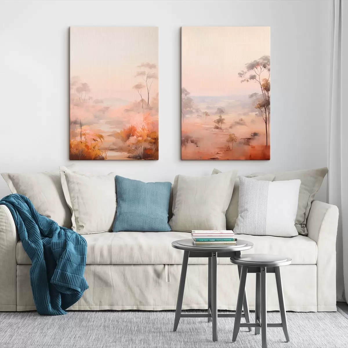 murales de pared Un paisaje con arbustos y árboles en tonos rosas, naranjas y marrones, con montañas al fondo m00646