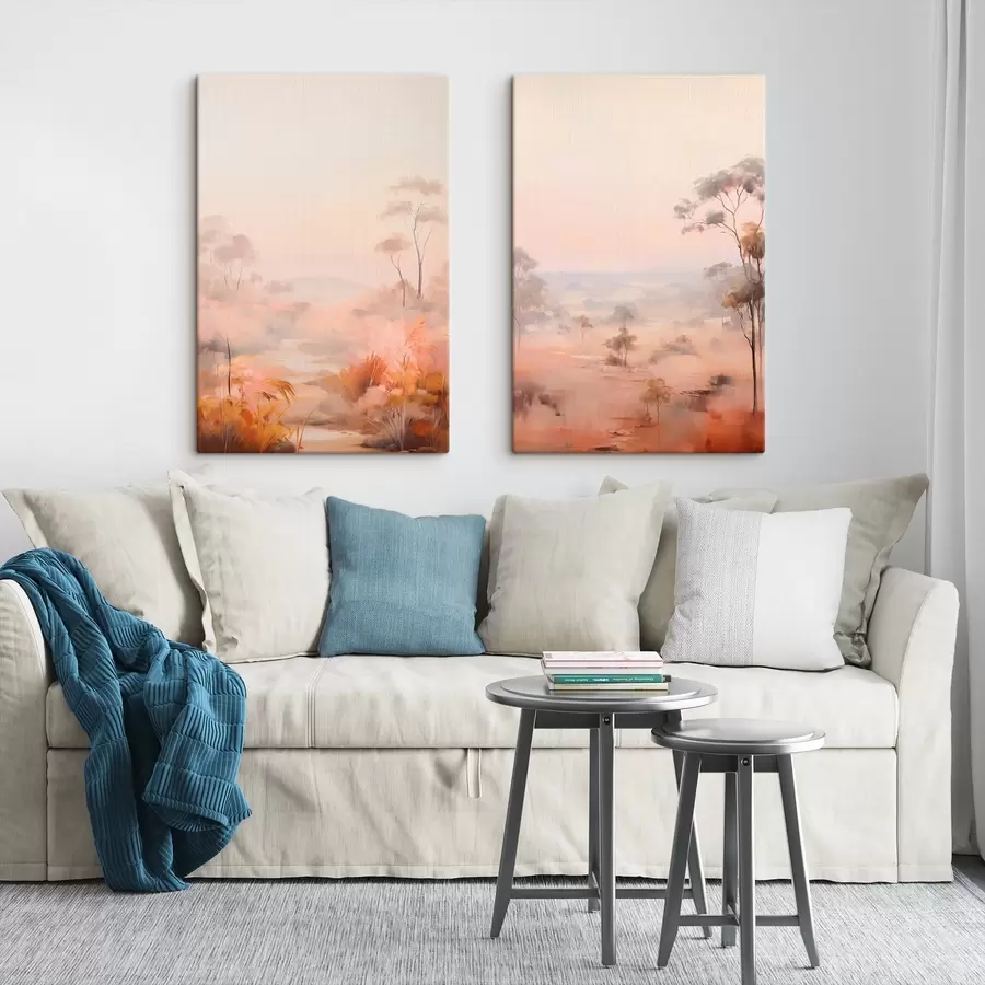 murales de pared Un paisaje con arbustos y árboles en tonos rosas, naranjas y marrones, con montañas al fondo m00646