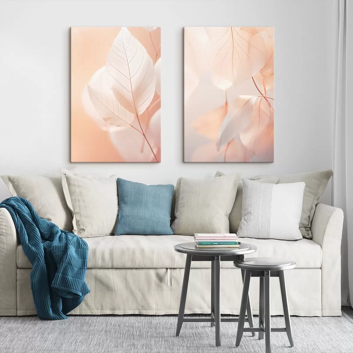 murales de pared Primer plano de hojas translúcidas con delicadas venas, suave paleta de colores melocotón y blanco, fondo difuminado m00647