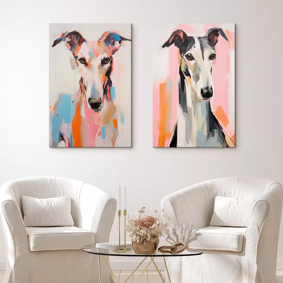 murales de pared Un perro galgo, pintado con colores vibrantes como el naranja, el rosa y el azul, sobre un fondo blanco liso m00652