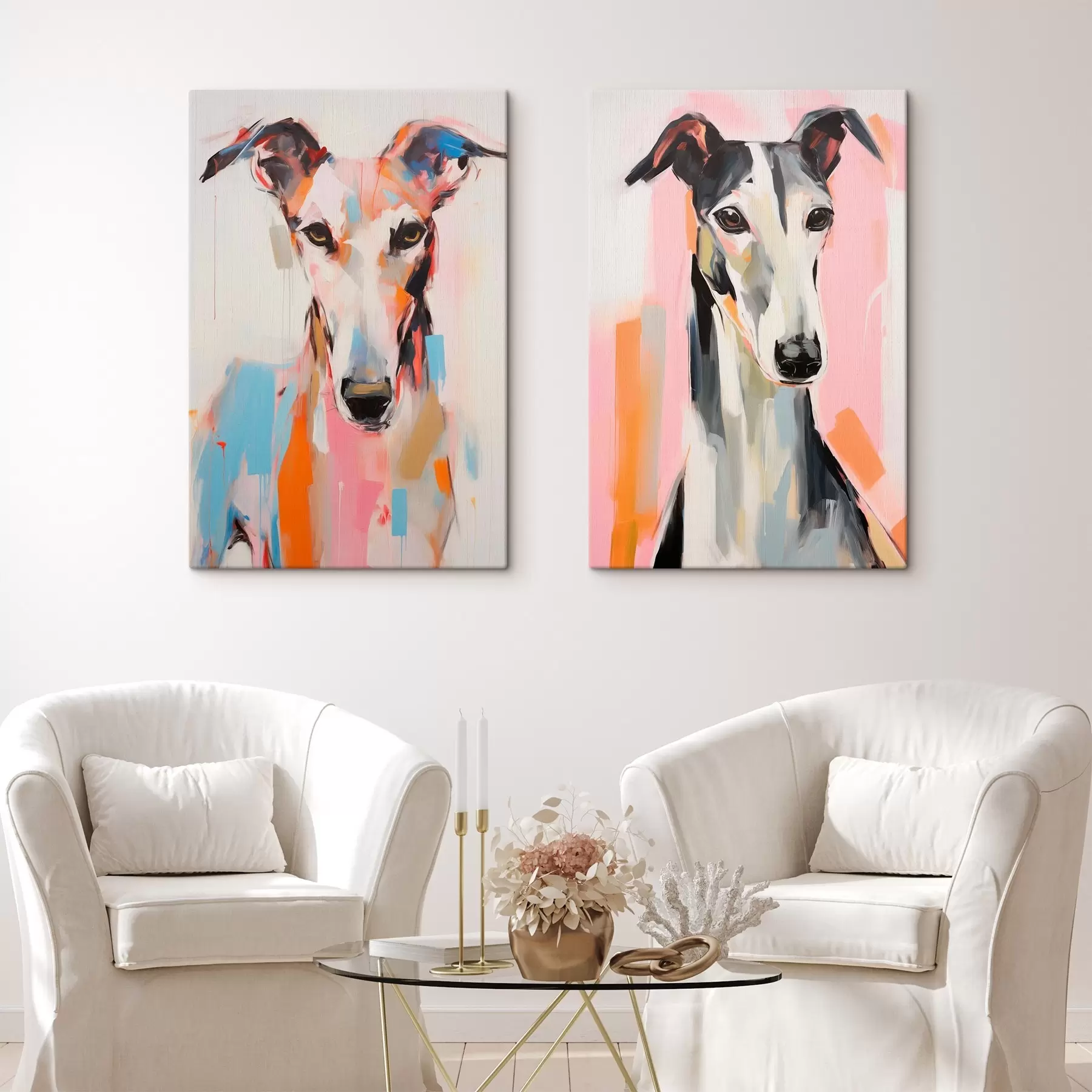 murales de pared Un perro galgo, pintado con colores vibrantes como el naranja, el rosa y el azul, sobre un fondo blanco liso m00652