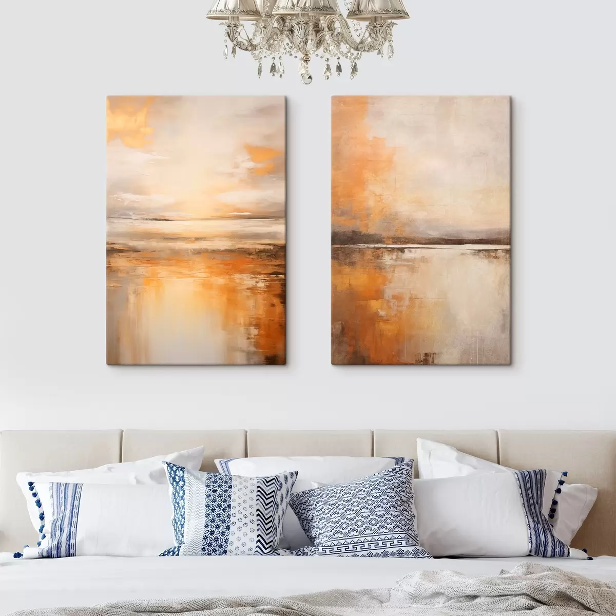 murales de pared Una pintura abstracta de un paisaje de playa con un océano tranquilo , arena naranja y un cielo nublado con sol m00653