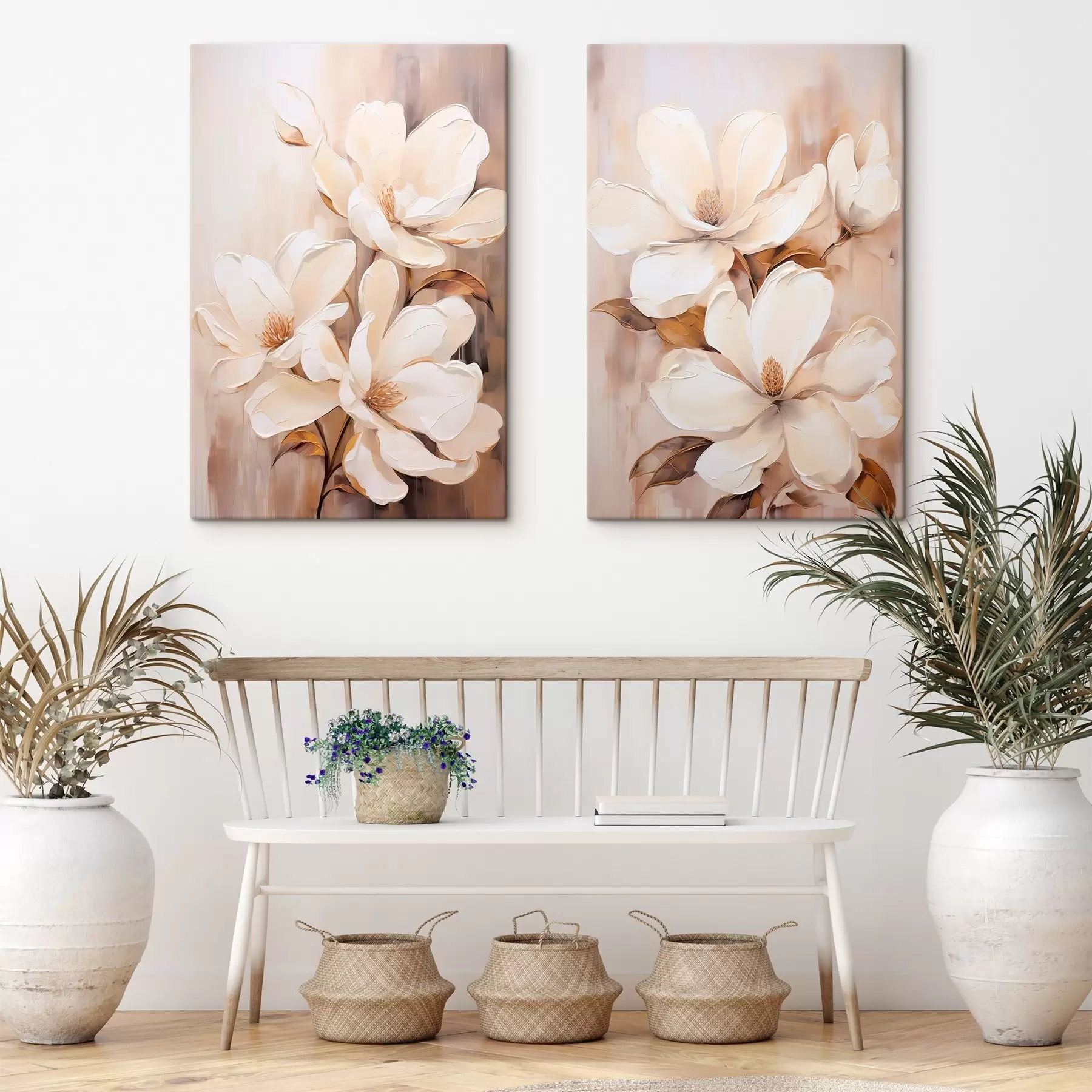 murales de pared Flores blancas de magnolia sobre un fondo suave y difuminado de tonos beige y marrones, estilo pintura m00655