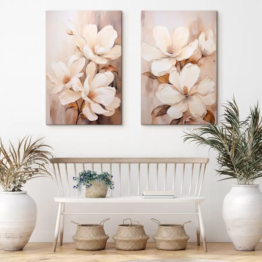 murales de pared Flores blancas de magnolia sobre un fondo suave y difuminado de tonos beige y marrones, estilo pintura m00655