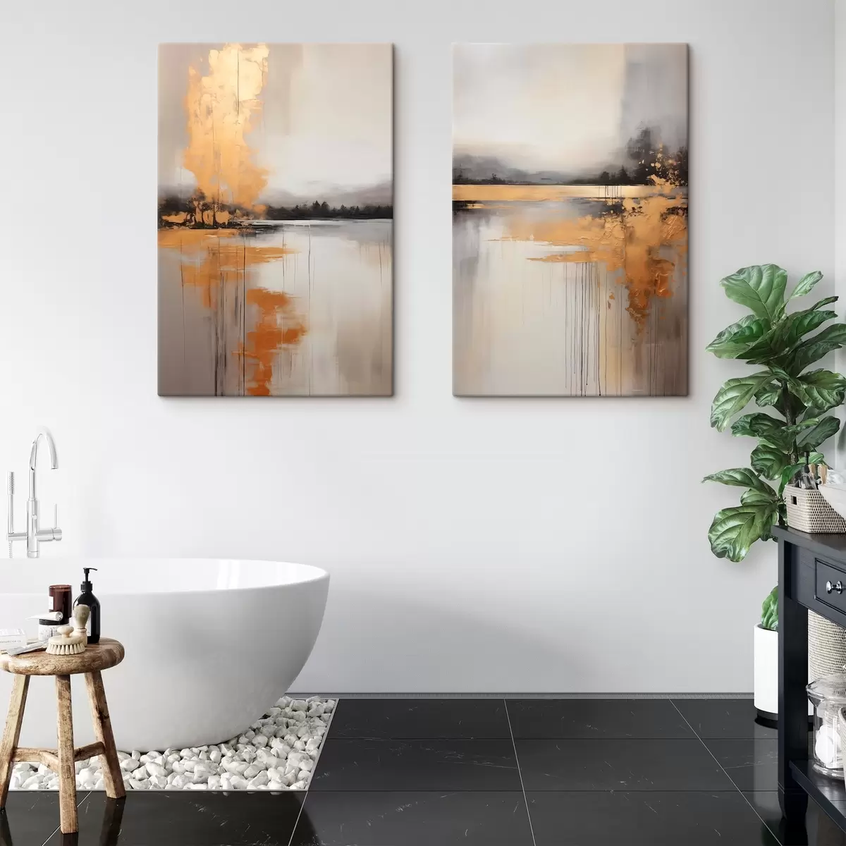 murales de pared Un paisaje abstracto con un lago, un árbol y niebla amarilla , el agua se refleja y el cielo nublado m00657