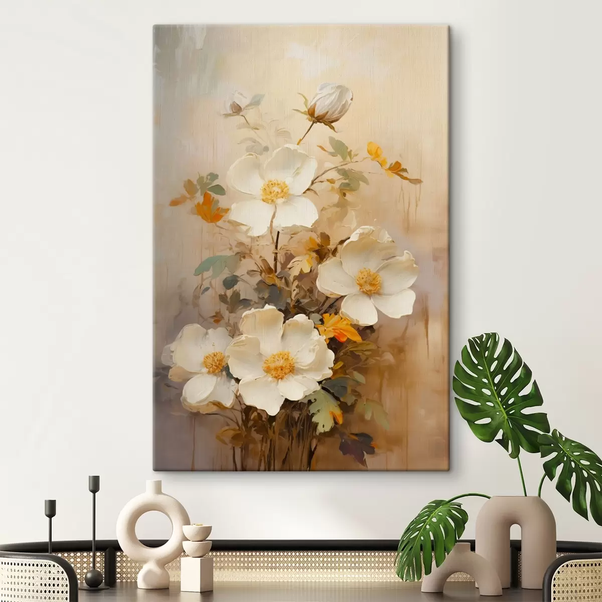 murales de pared Flores blancas: composición pictórica en tonos pastel s45533