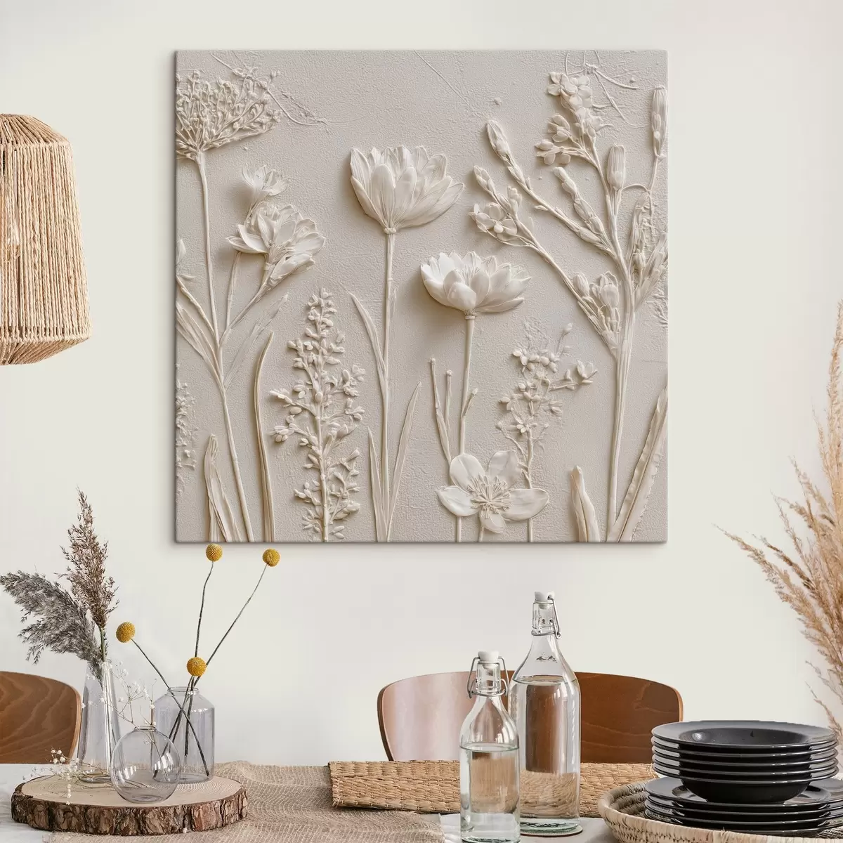 murales de pared Composición abstracta: estilo bajorrelieve con flores sobre fondo claro s45535