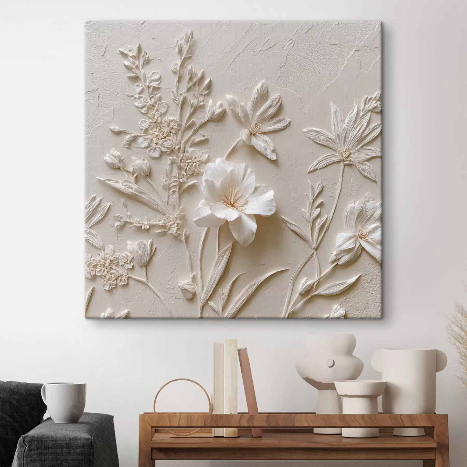 murales de pared Motivo floral: estilo bajorrelieve con plantas sobre fondo claro s45536