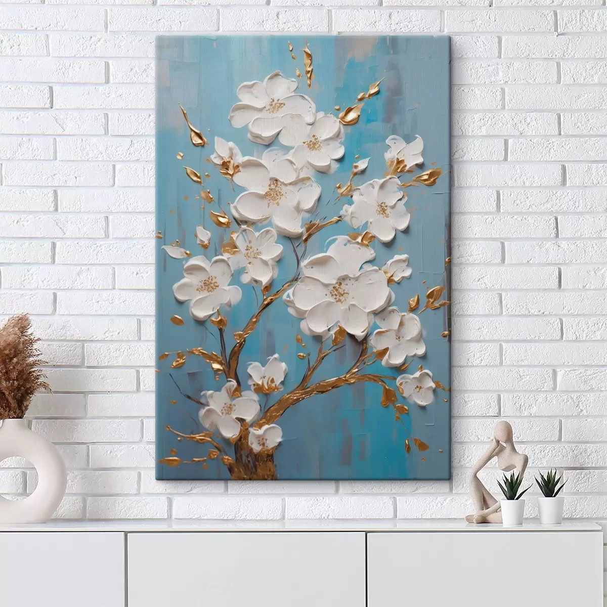 murales de pared Flores blancas sobre una rama: motivo decorativo en tonos azul claro s45541