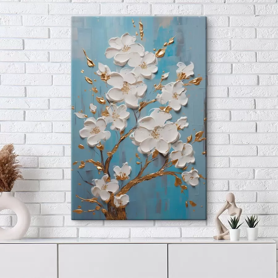 murales de pared Flores blancas sobre una rama: motivo decorativo en tonos azul claro s45541