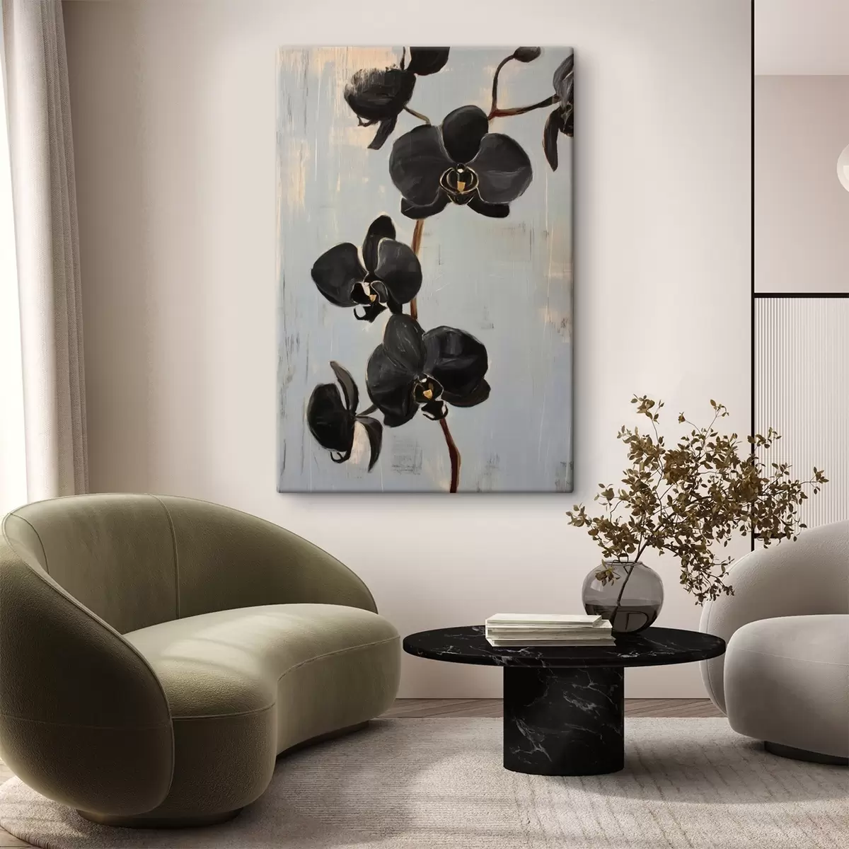 murales de pared Orquídeas decorativas: flores negras sobre fondo gris s45547