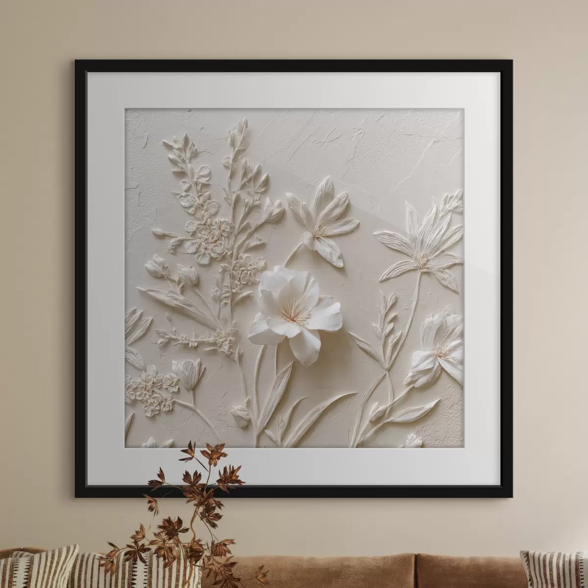 Poster Motivo floral: estilo bajorrelieve con plantas sobre fondo claro f45536
