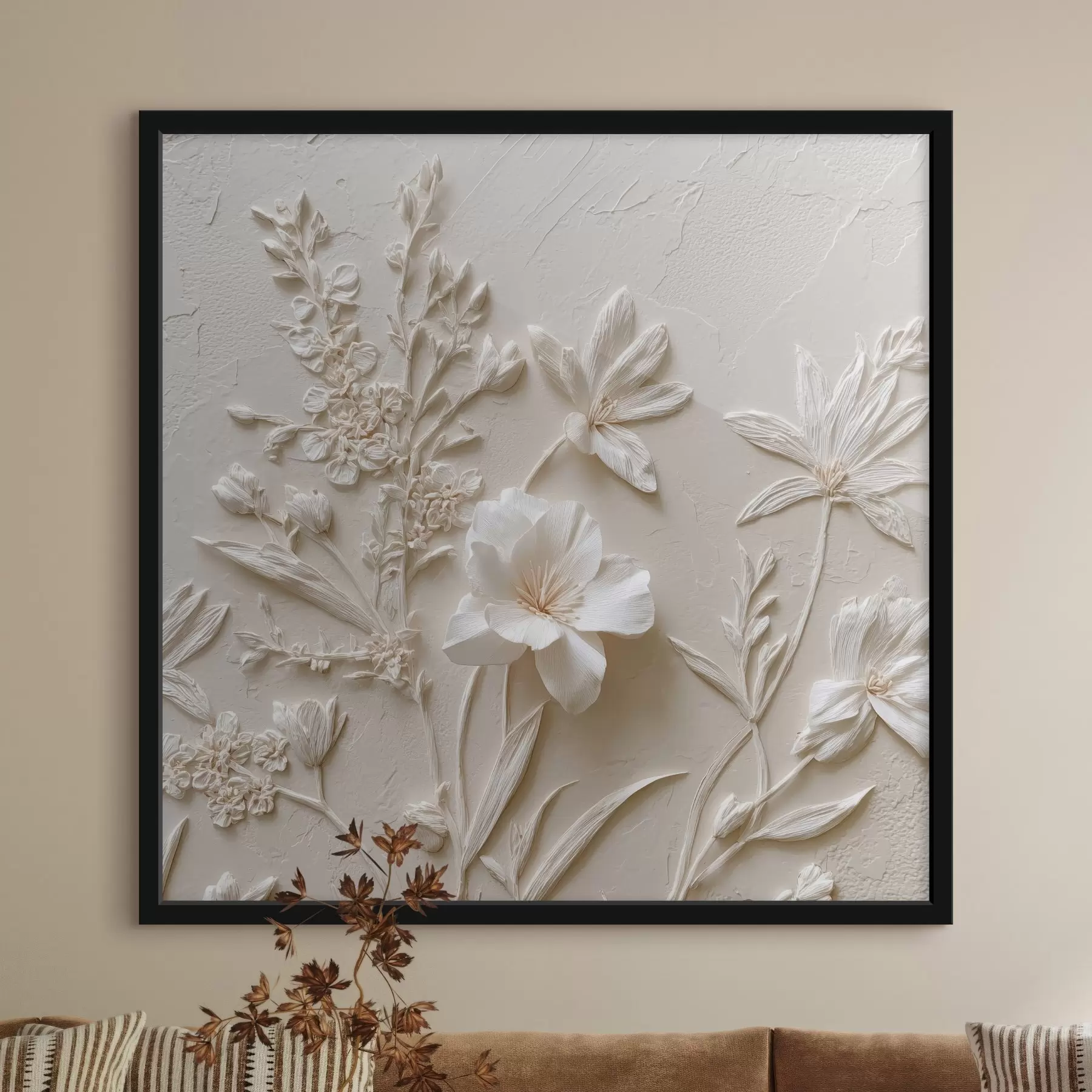 murales de pared Motivo floral: estilo bajorrelieve con plantas sobre fondo claro f45536