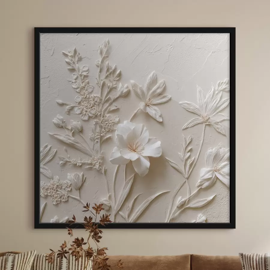 murales de pared Motivo floral: estilo bajorrelieve con plantas sobre fondo claro f45536