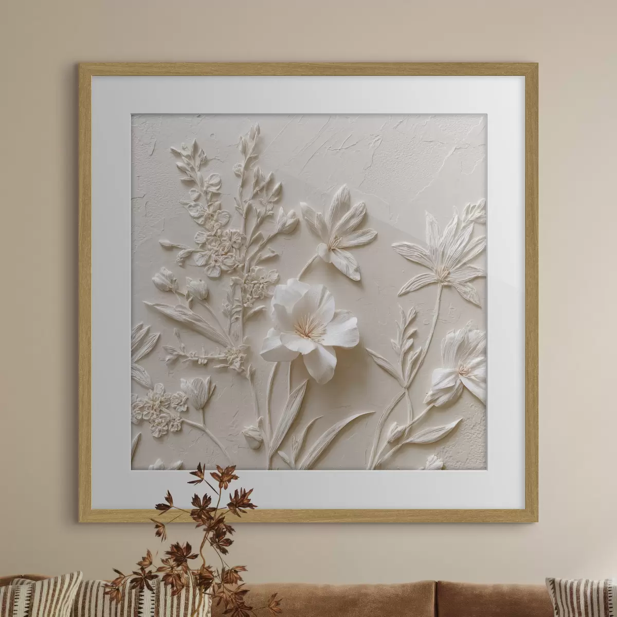 Poster Motivo floral: estilo bajorrelieve con plantas sobre fondo claro f45536