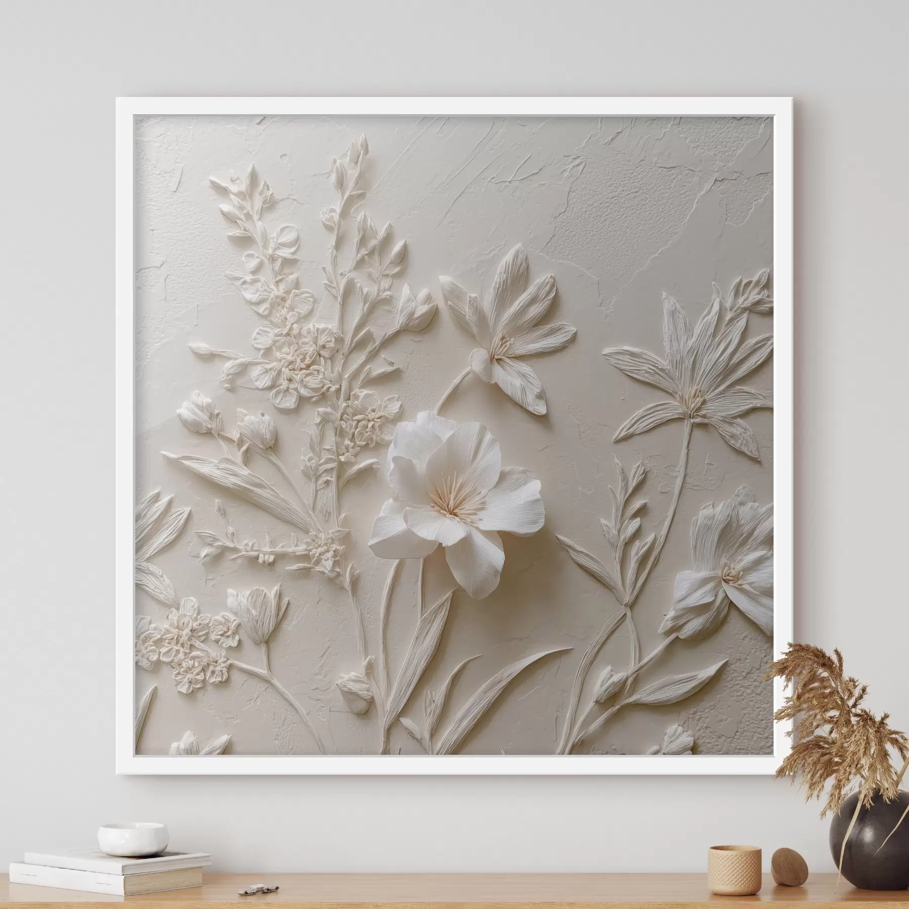 murales de pared Motivo floral: estilo bajorrelieve con plantas sobre fondo claro f45536