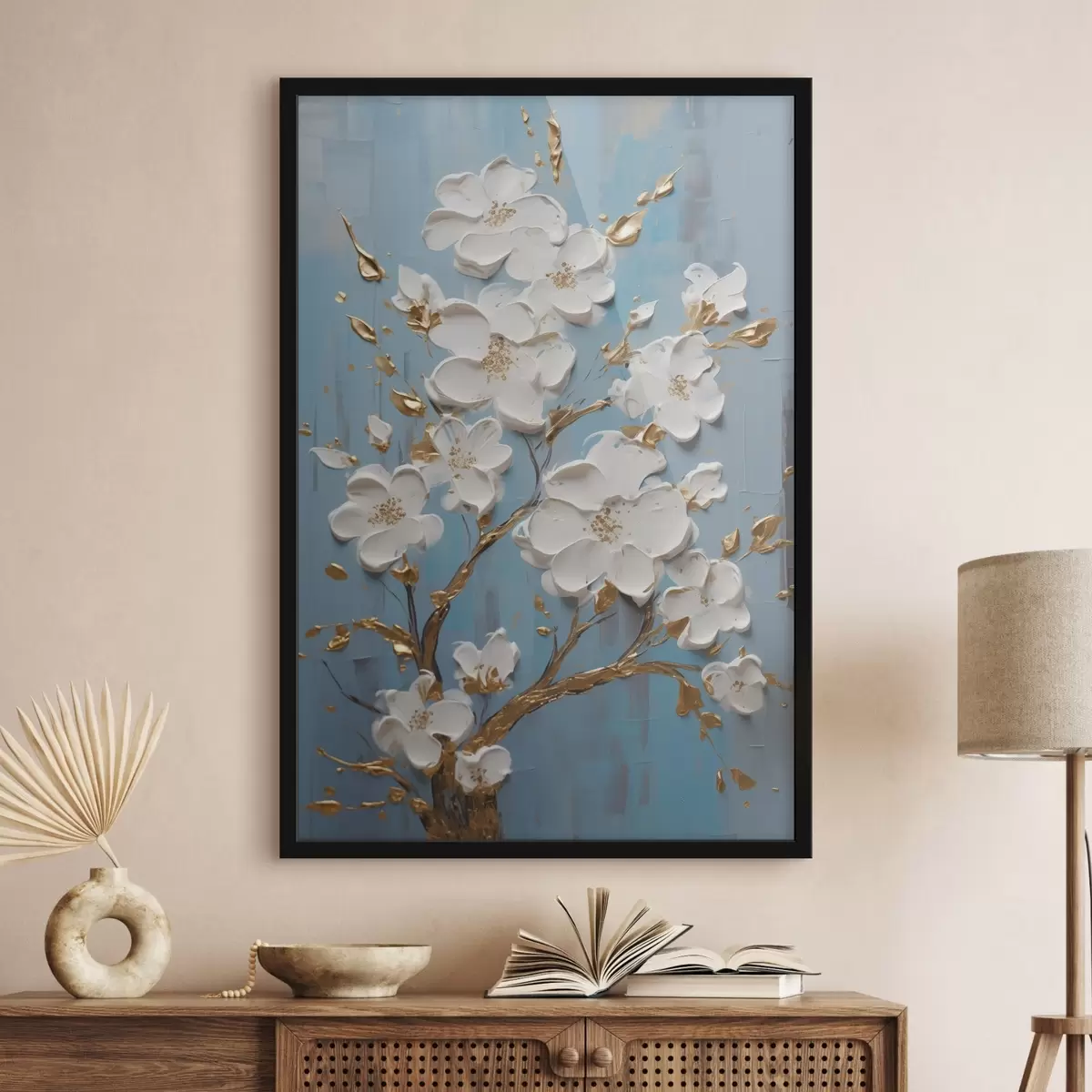 Poster Flores blancas sobre una rama: motivo decorativo en tonos azul claro f45541