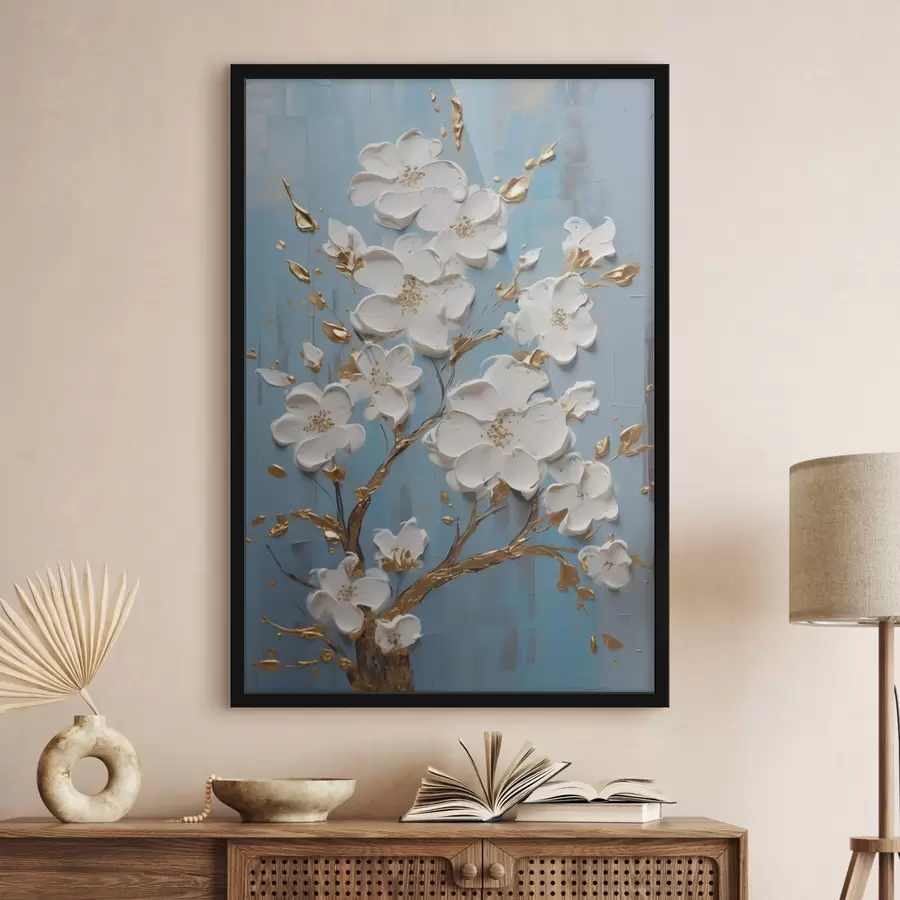 murales de pared Flores blancas sobre una rama: motivo decorativo en tonos azul claro f45541
