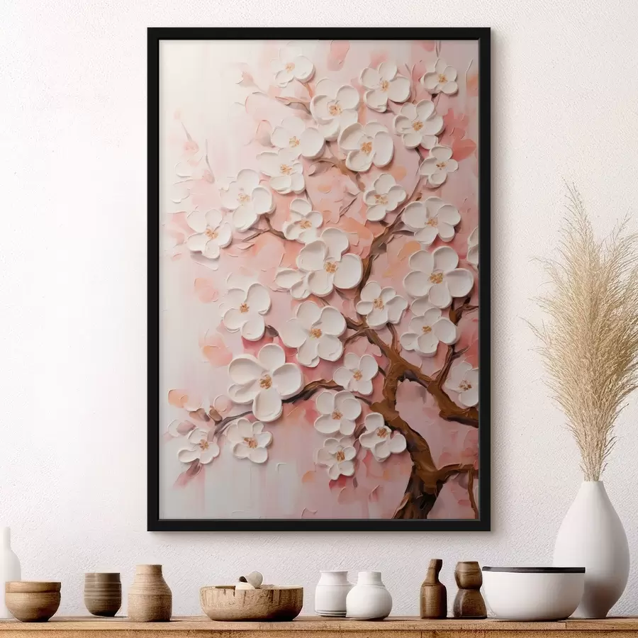 murales de pared Rama en flor: composición en relieve en tonos rosa claro f45543