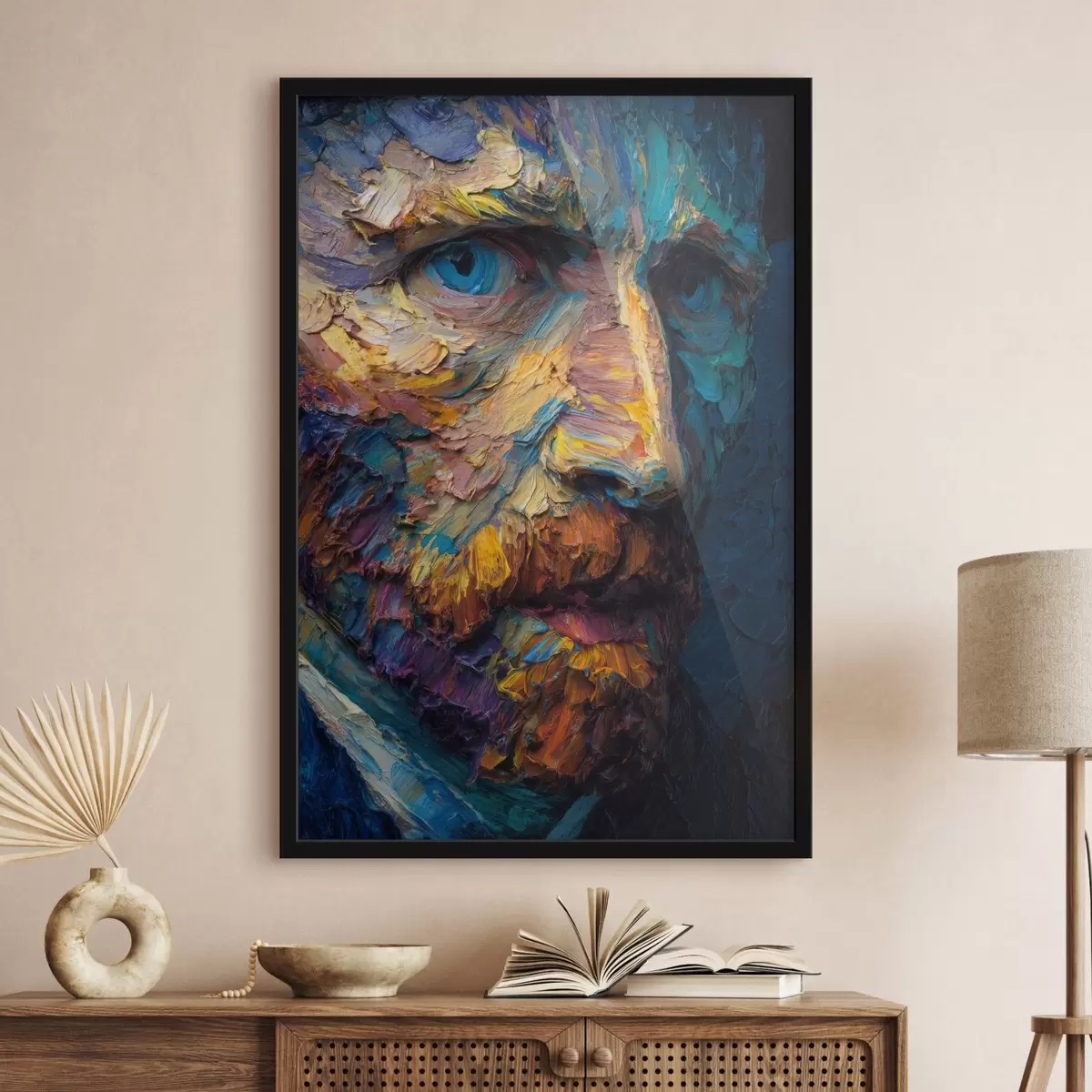 Poster Retrato decorativo de Van Gogh: pintura en relieve en tonos azules y naranjas f45546