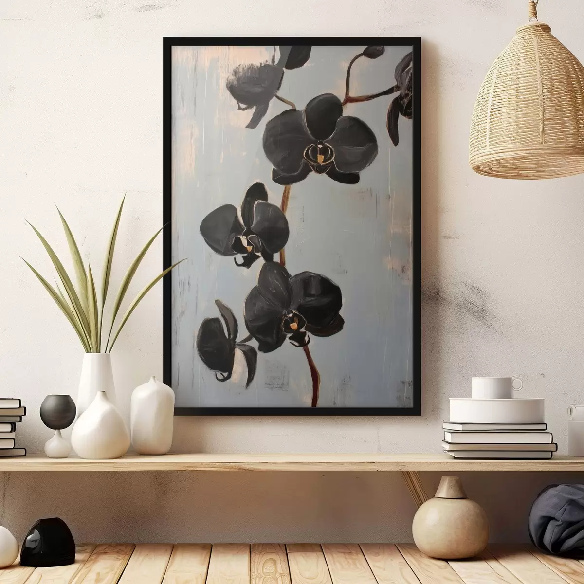 Poster Orquídeas decorativas: flores negras sobre fondo gris f45547