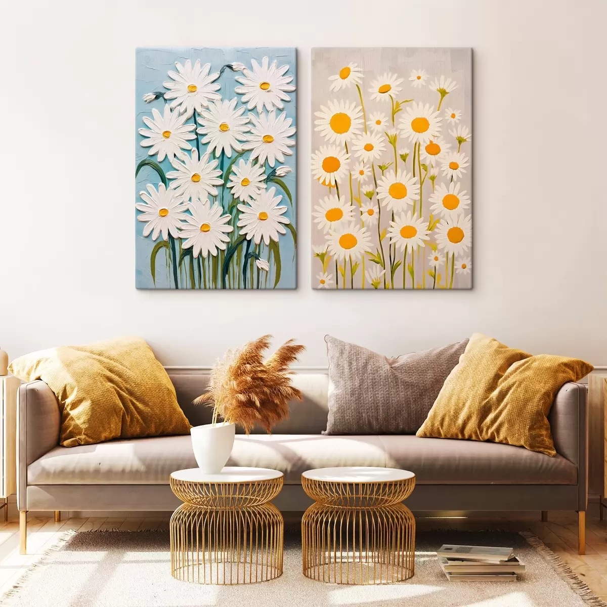 murales de pared Frescor primaveral: díptico con voluminosas margaritas en estilo empastado m00633
