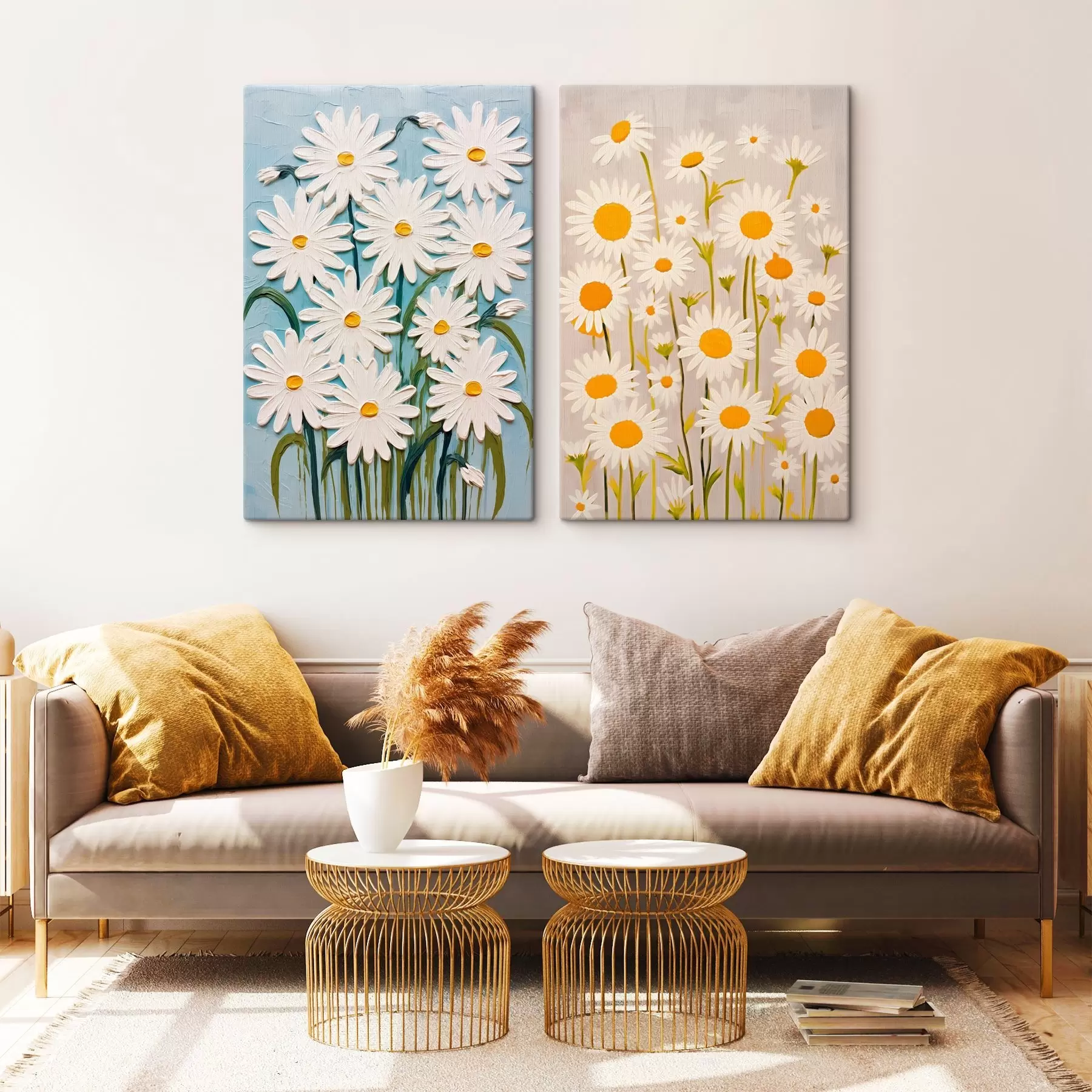 murales de pared Frescor primaveral: díptico con voluminosas margaritas en estilo empastado m00633