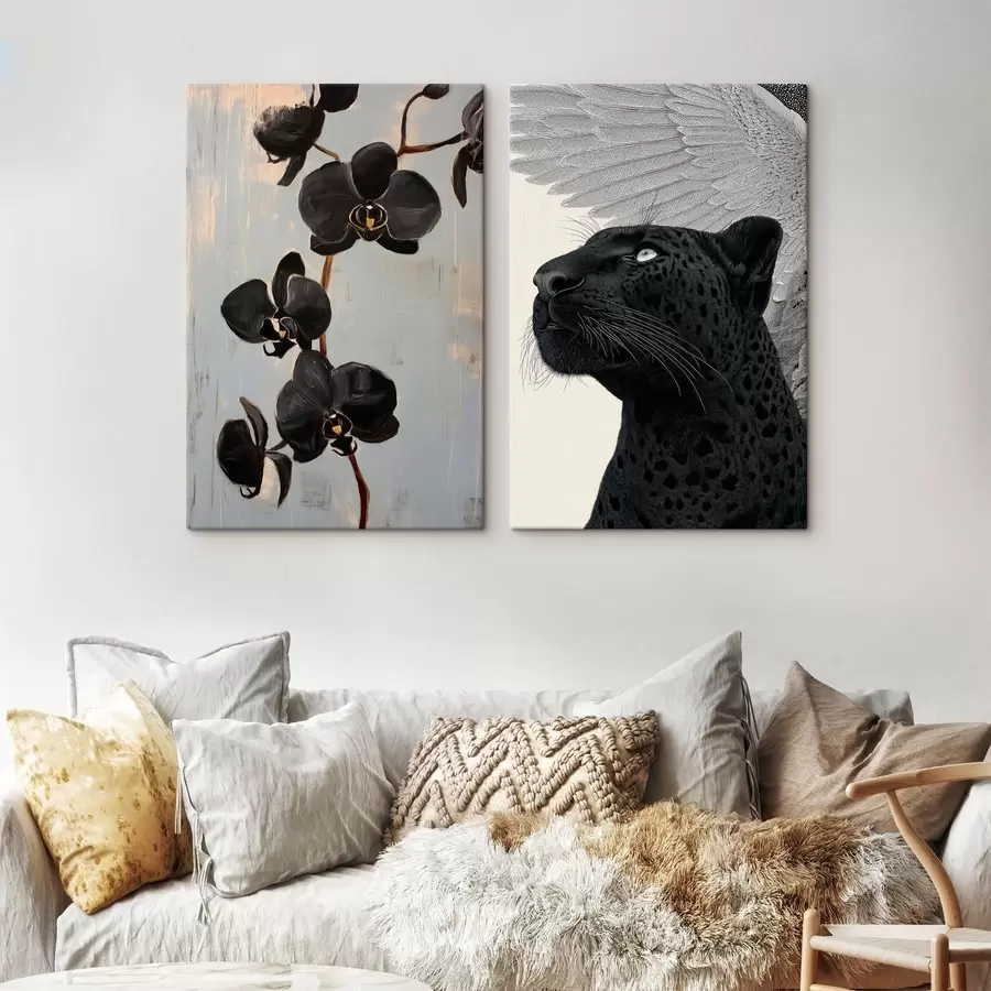 murales de pared Orquídeas oscuras y bestia alada: composición artística m00640