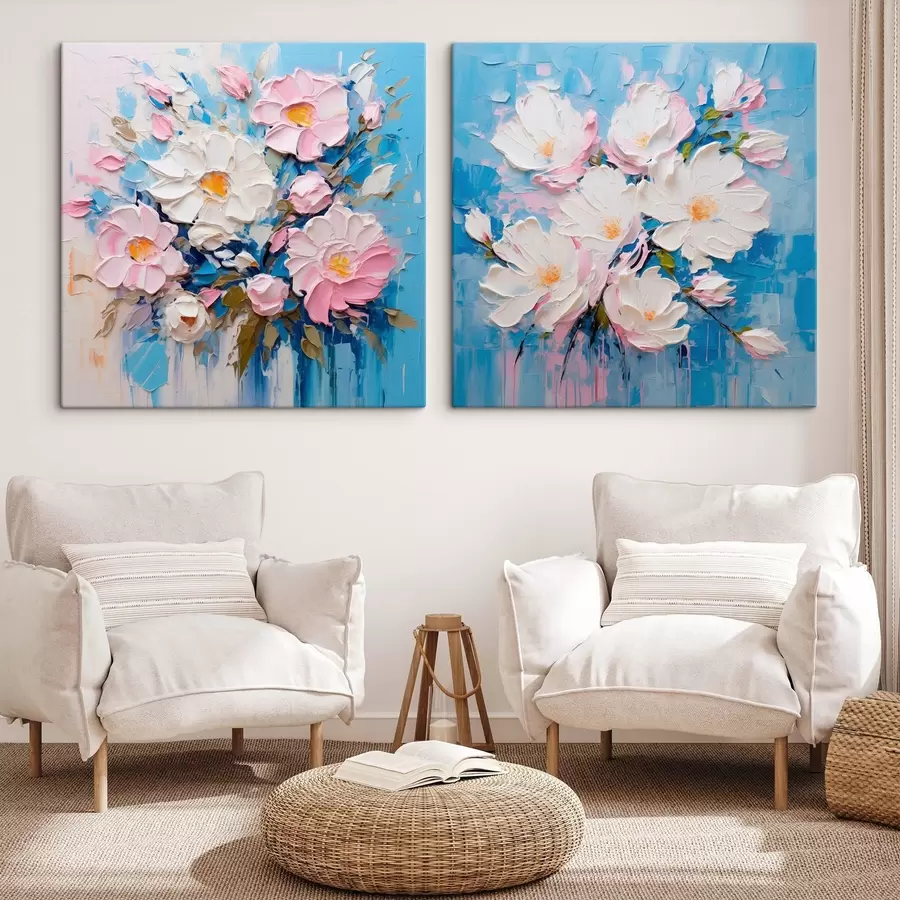 murales de pared Flores abstractas: composición decorativa en tonos rosas y azules m00643