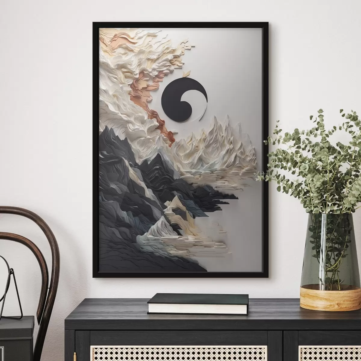 Poster Paisaje abstracto con montañas en estilo papel f45482