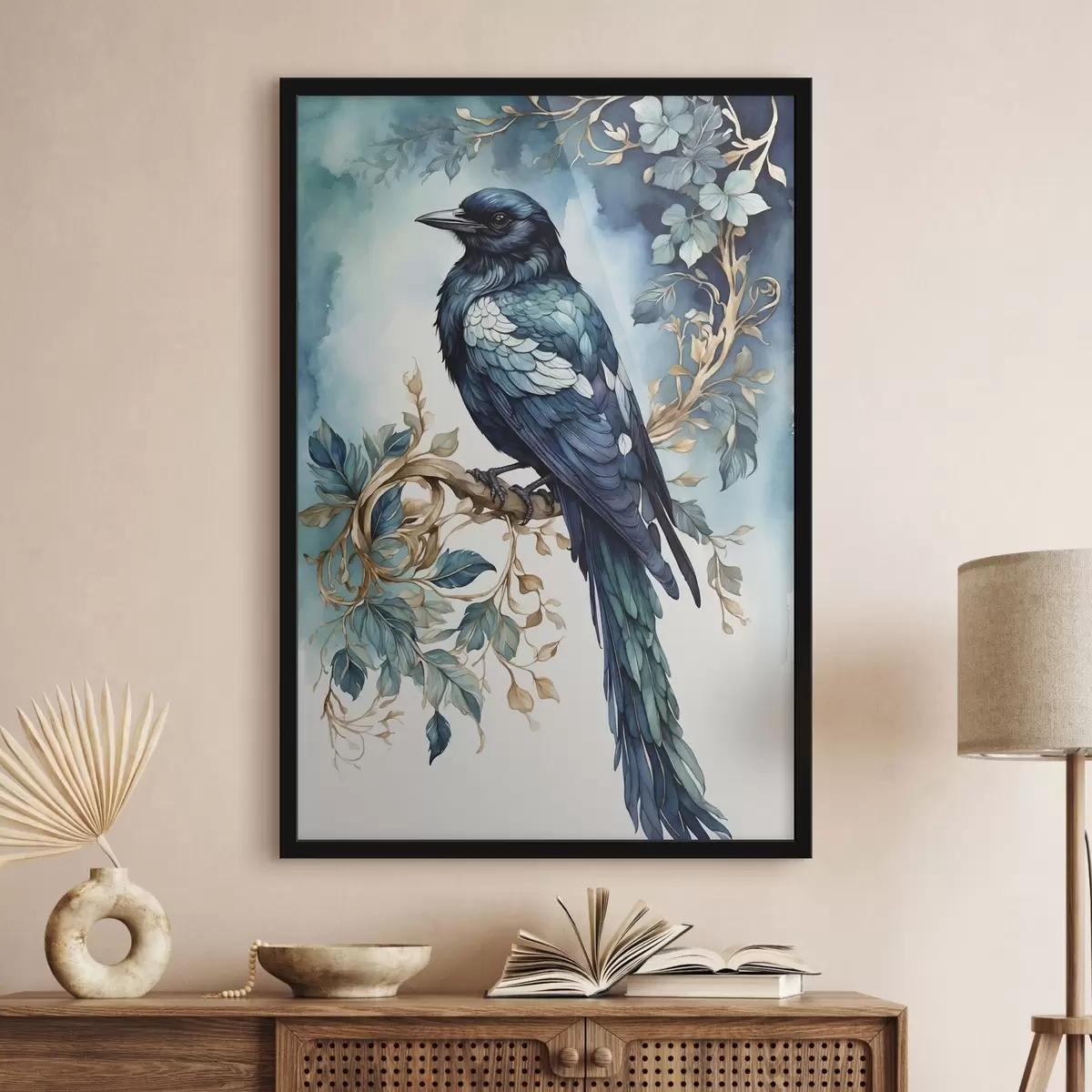 Poster Pájaro azul en una rama con hojas estilo acuarela f45483