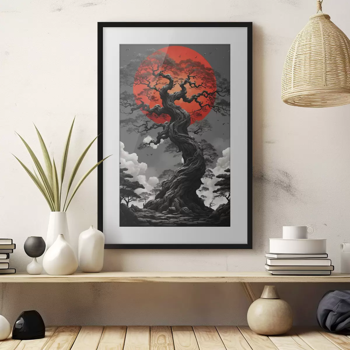 Poster Paisaje abstracto con montañas en estilo papel f45485