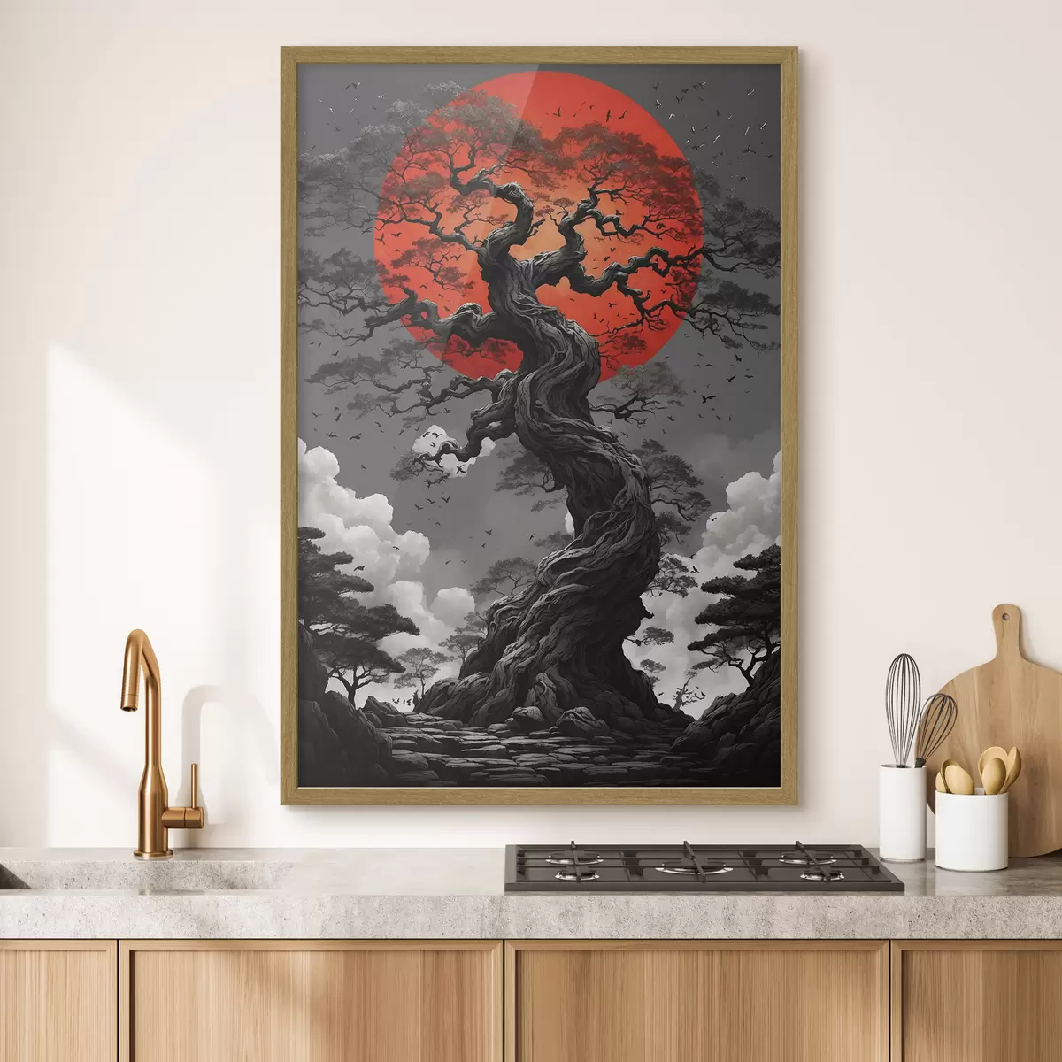 Poster Paisaje abstracto con montañas en estilo papel f45485