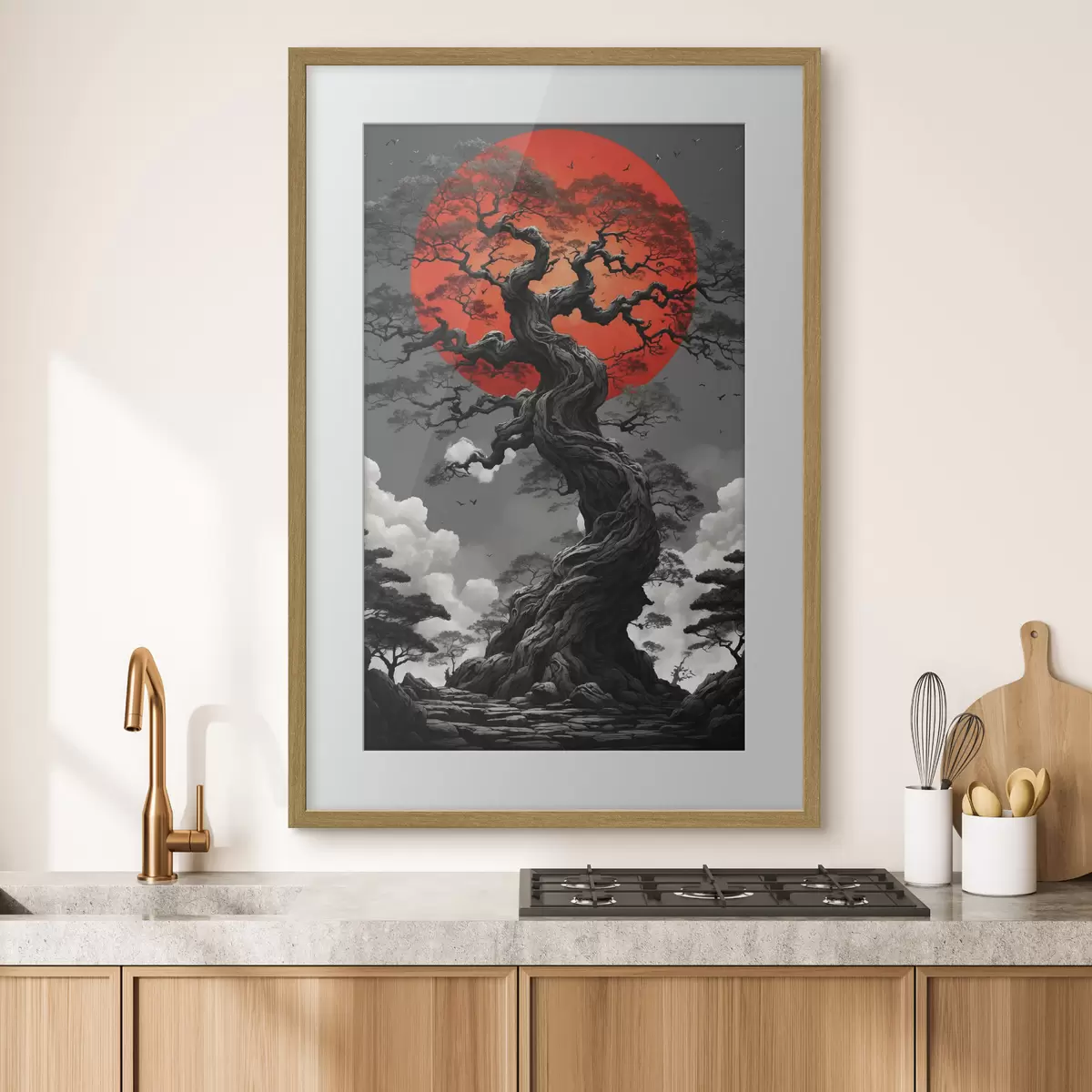 Poster Paisaje abstracto con montañas en estilo papel f45485