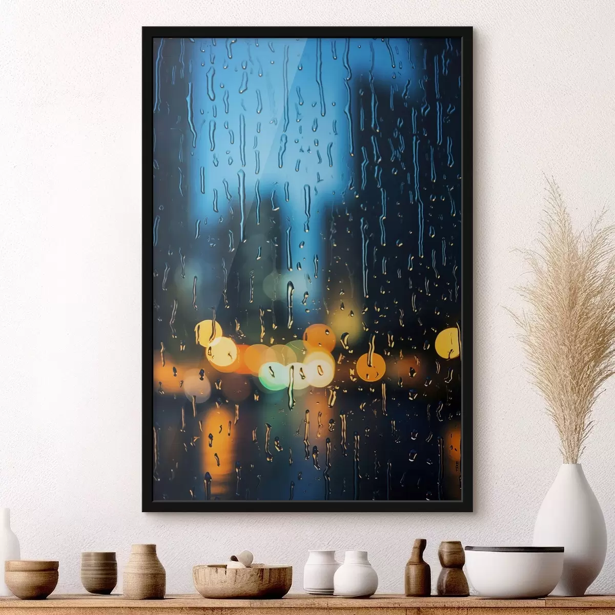 Poster Taza de café sobre una mesa bajo la lluvia f45500