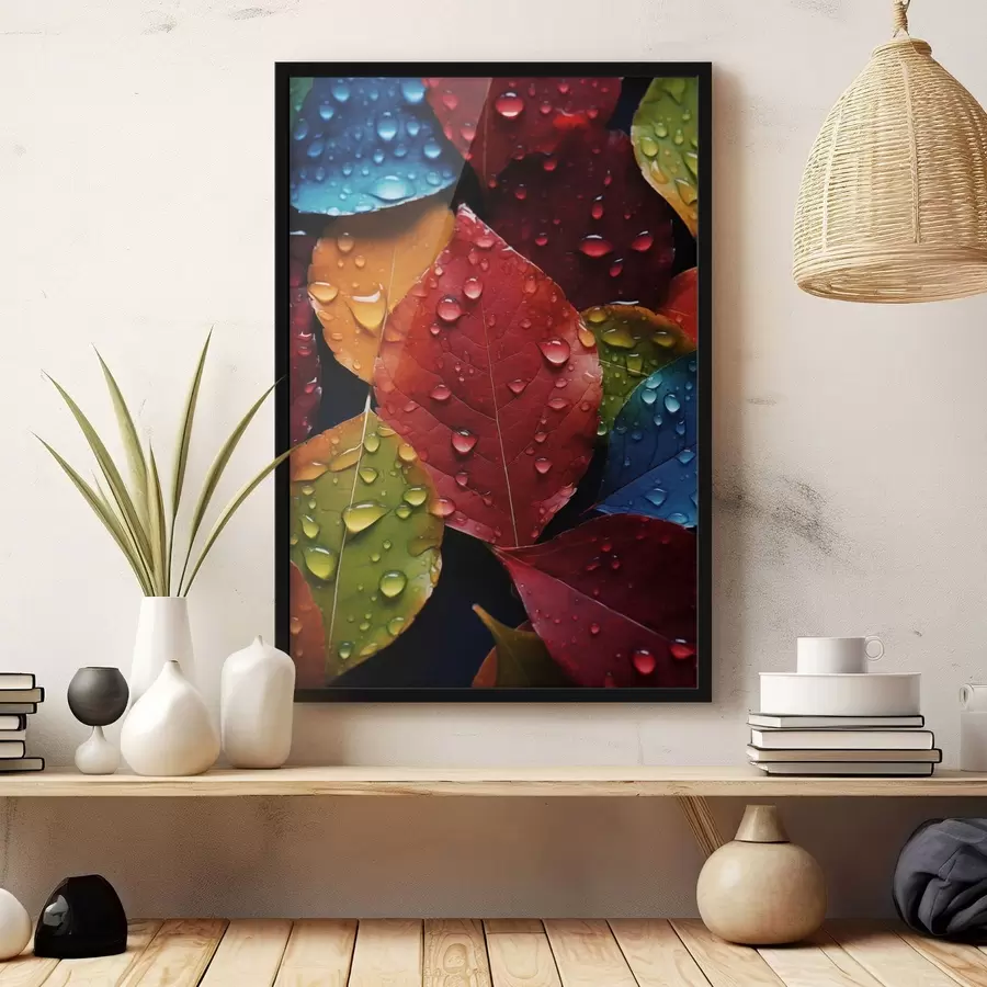 murales de pared Hojas de colores con gotas de agua f45516