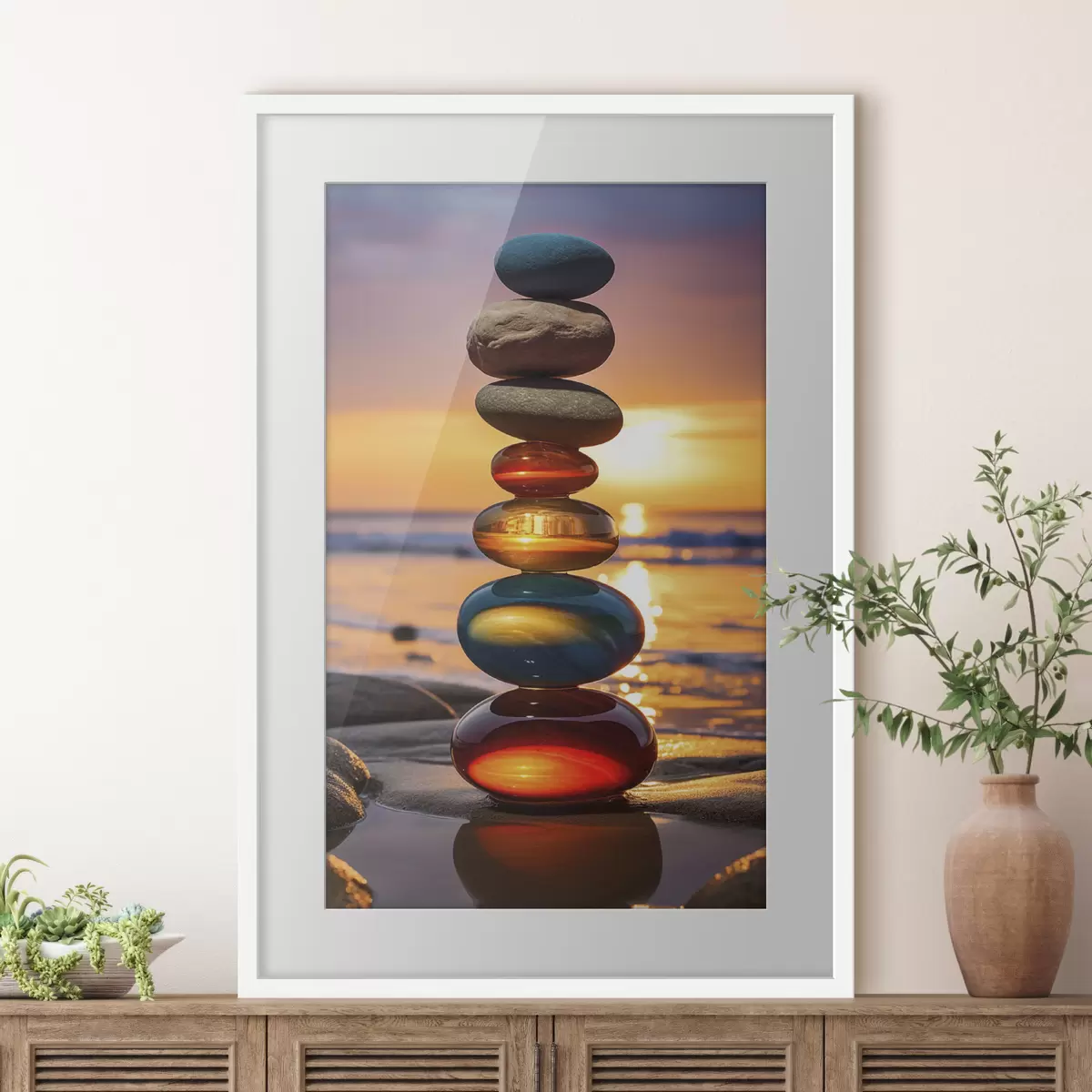 Poster Piedras apiladas con la puesta de sol como telón de fondo f45520
