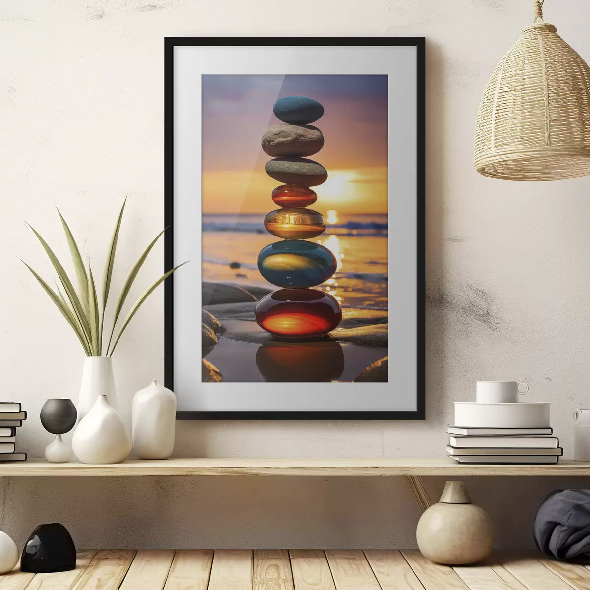 Poster Piedras apiladas con la puesta de sol como telón de fondo f45520
