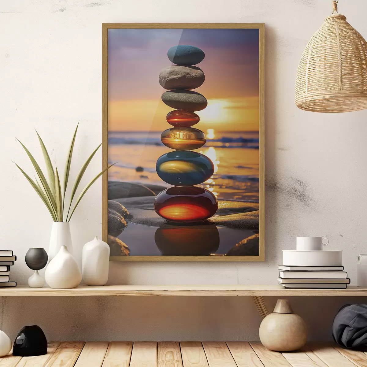 Poster Piedras apiladas con la puesta de sol como telón de fondo f45520