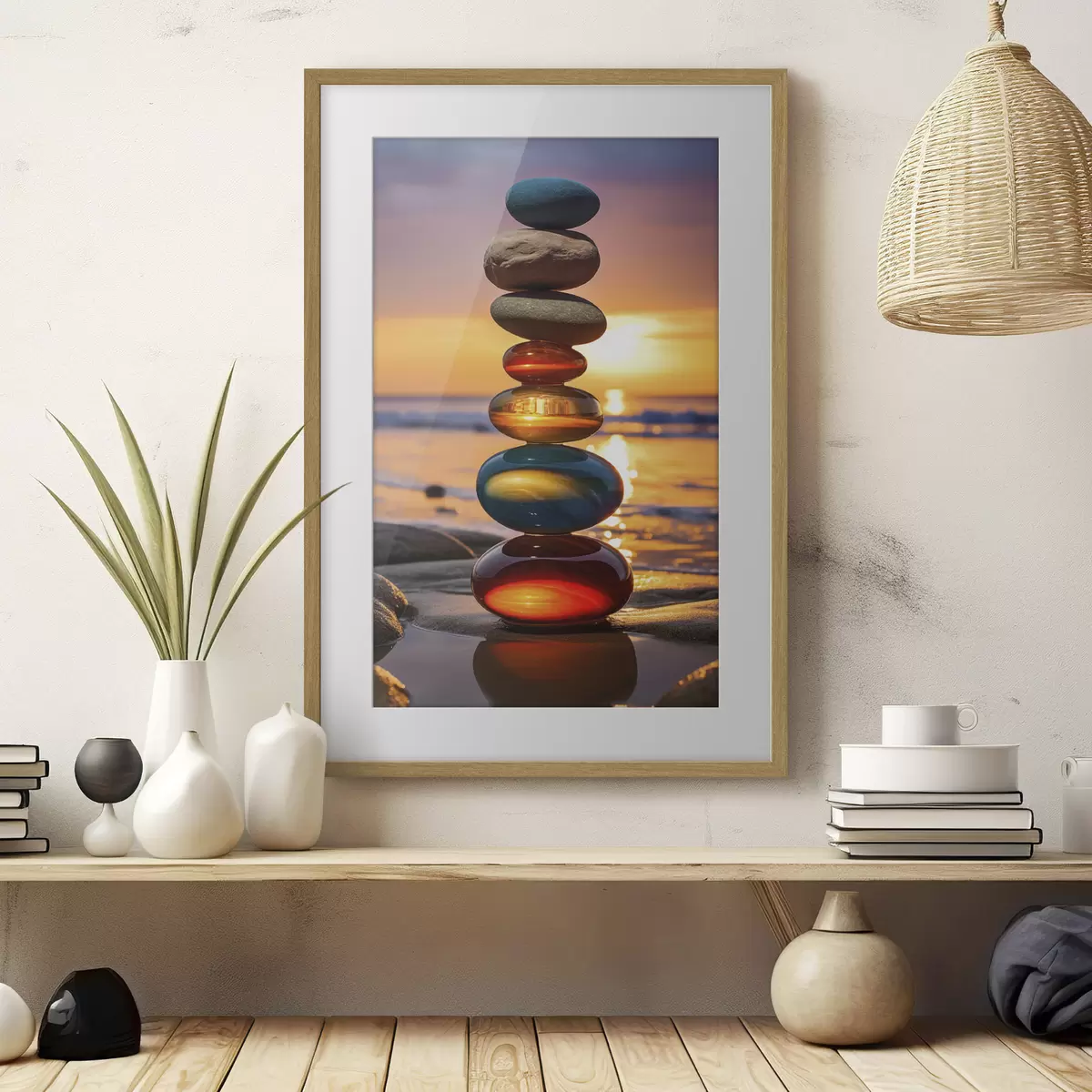 Poster Piedras apiladas con la puesta de sol como telón de fondo f45520