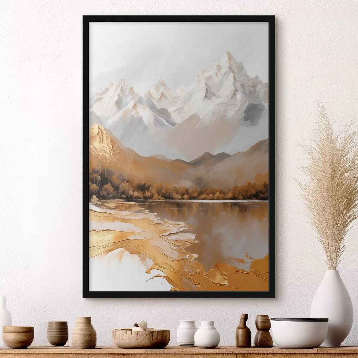 Poster Paisaje de montaña con un lago y árboles f45620