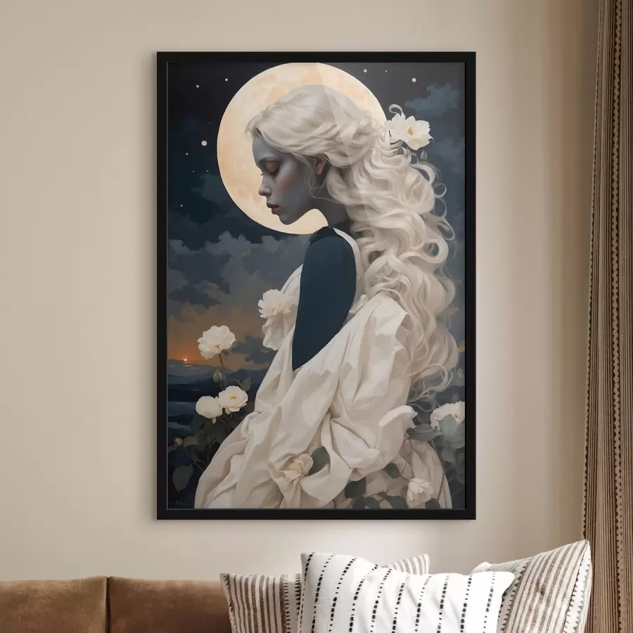 murales de pared Mujer de pelo blanco bajo la luna f45622