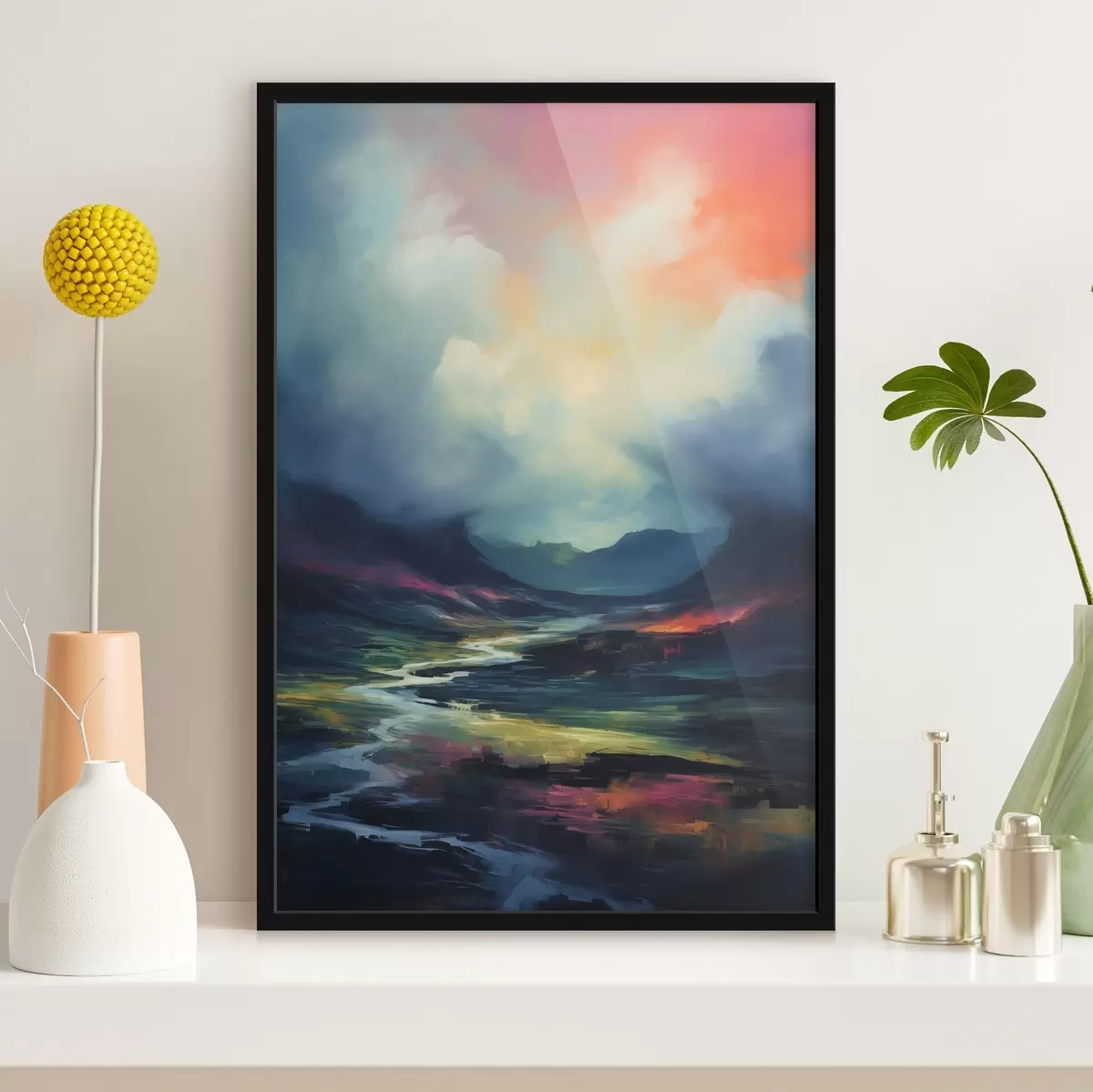 Poster Paisaje abstracto con un río y montañas f45627