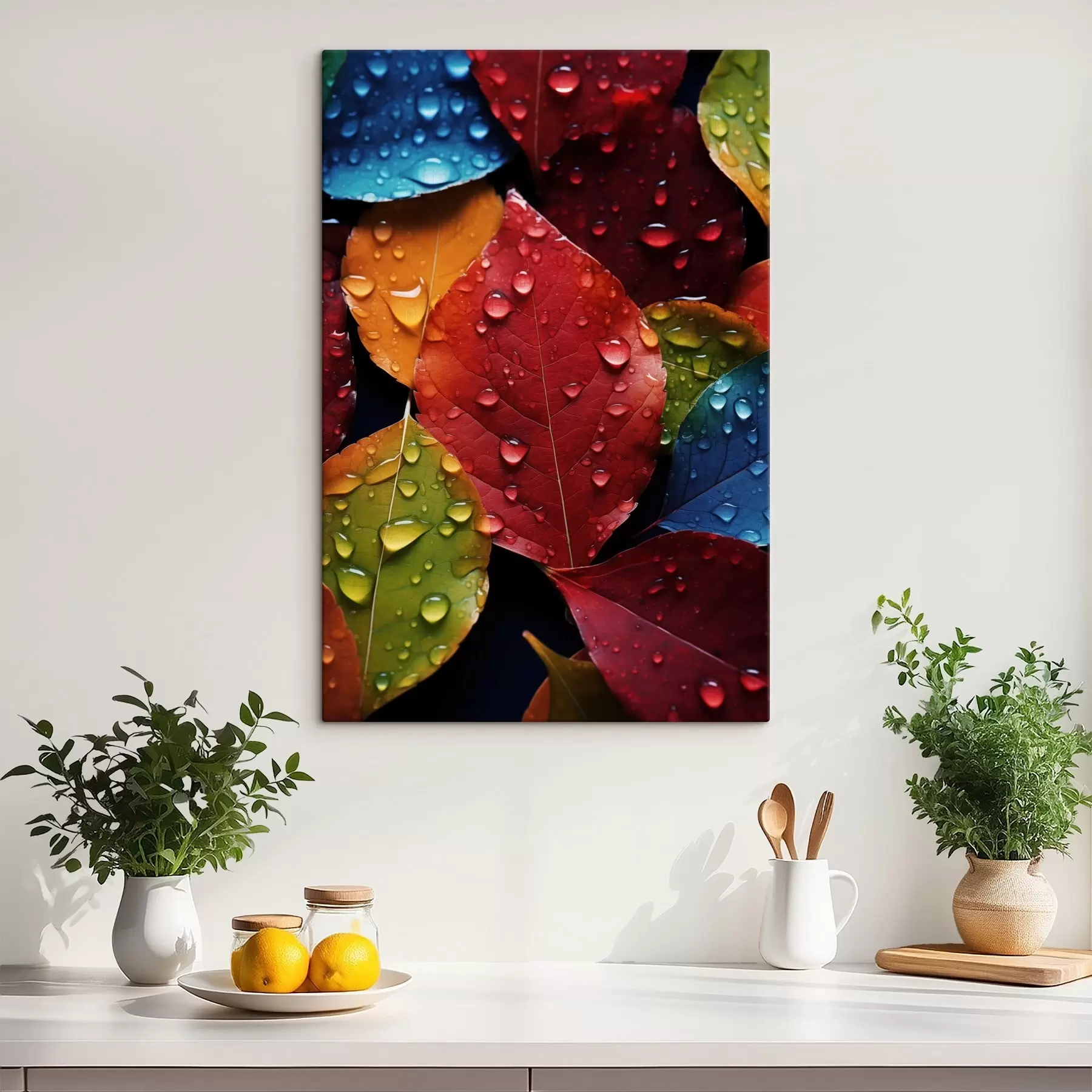 murales de pared Hojas de colores con gotas de agua s45516