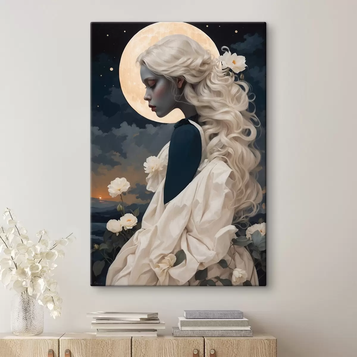 murales de pared Mujer de pelo blanco bajo la luna s45622