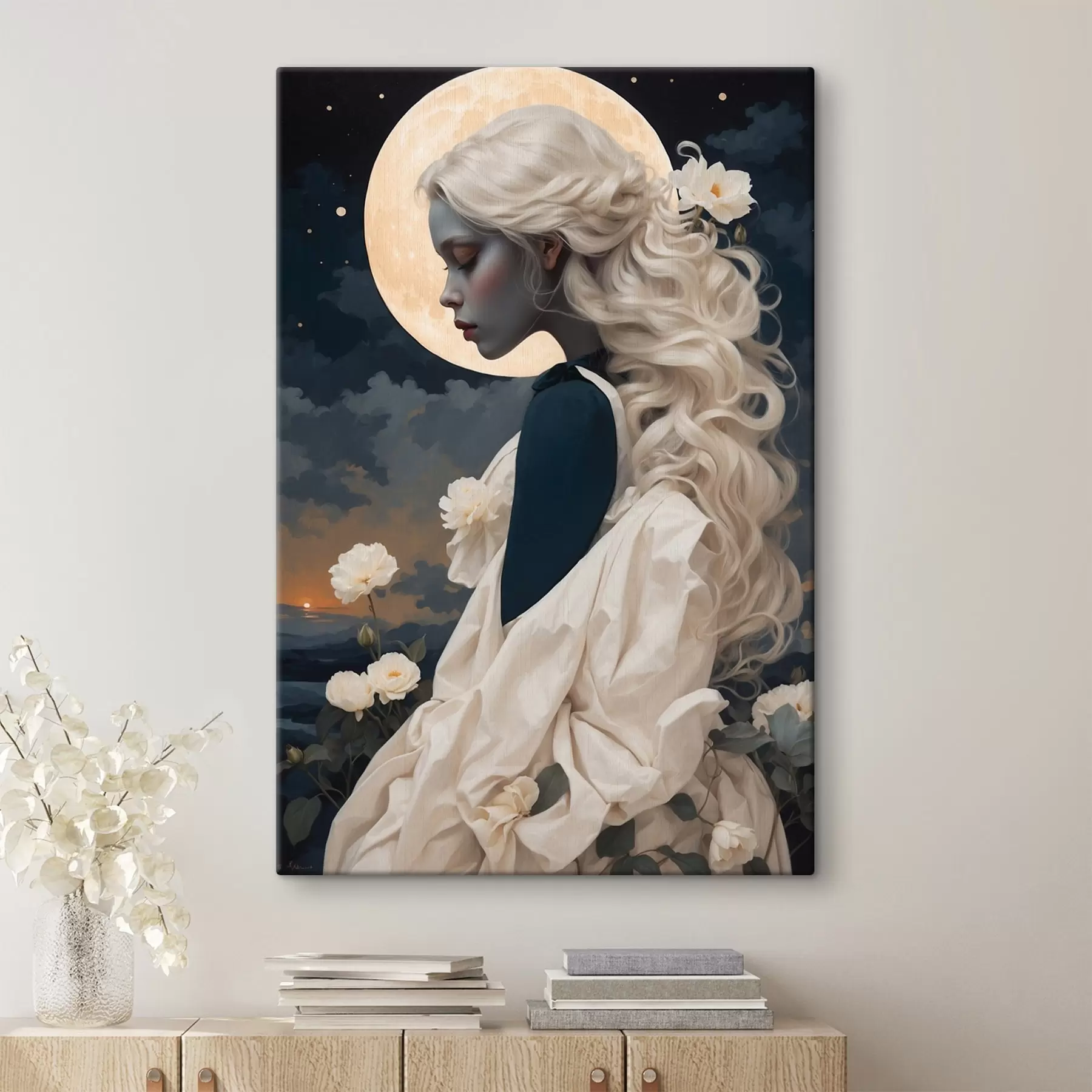 murales de pared Mujer de pelo blanco bajo la luna s45622
