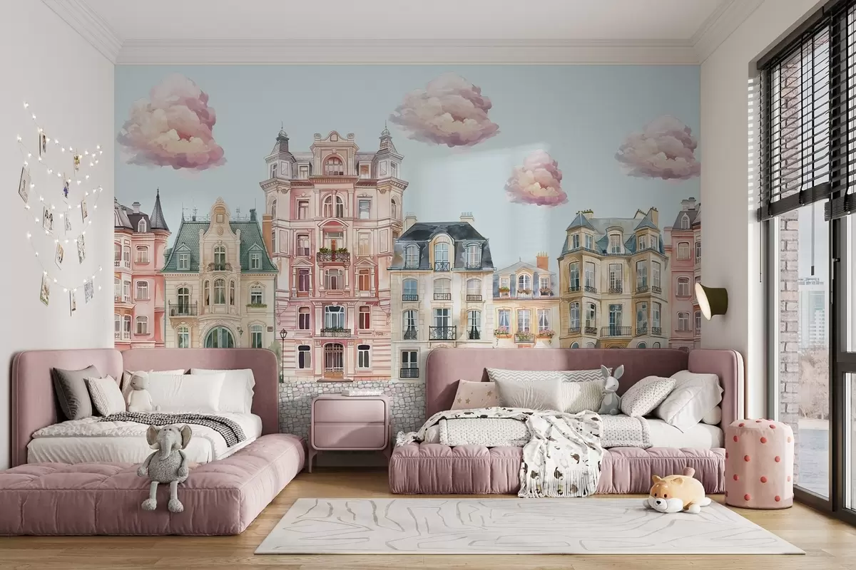 murales de pared Casas de colores, nubes w04474