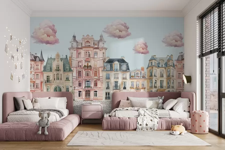 murales de pared Casas de colores, nubes w04474